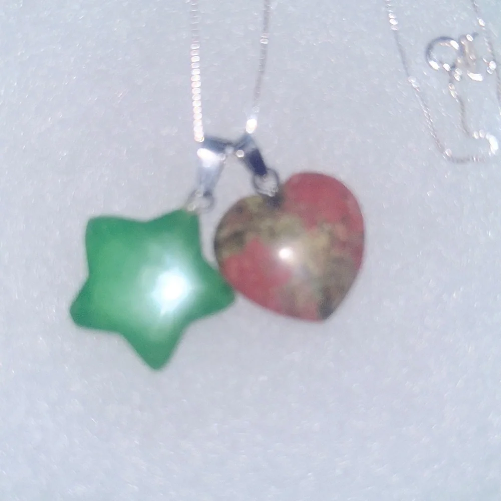 Jade Star and Unakite Heart sterling silver 16” necklace